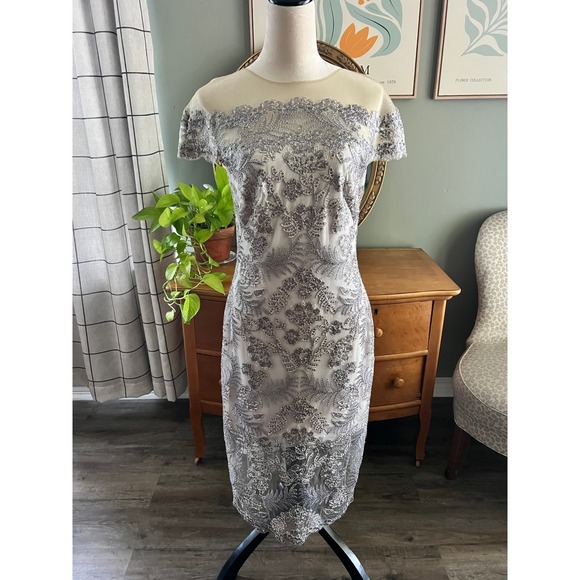 Tadashi Shoji Dresses & Skirts - Tadashi Shoji Illusion Neck Metalic Embroidered Lace Sheath Dress Formal MOB